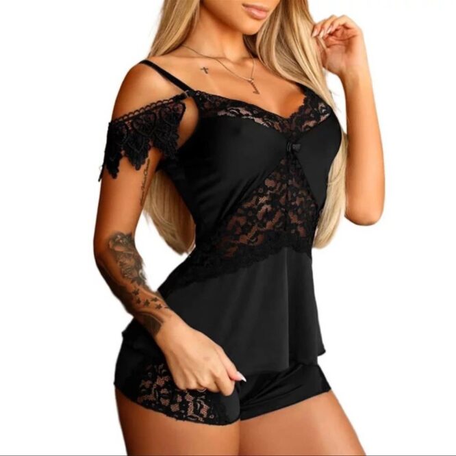 New Fashion StylePiece Shorts Sleepwear Set Lace Pajama Set Women - Black SMALL