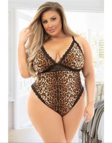 Hot Plus Size Leopard Print Lace Splicing Lingerie Bodysuit For Women 1X