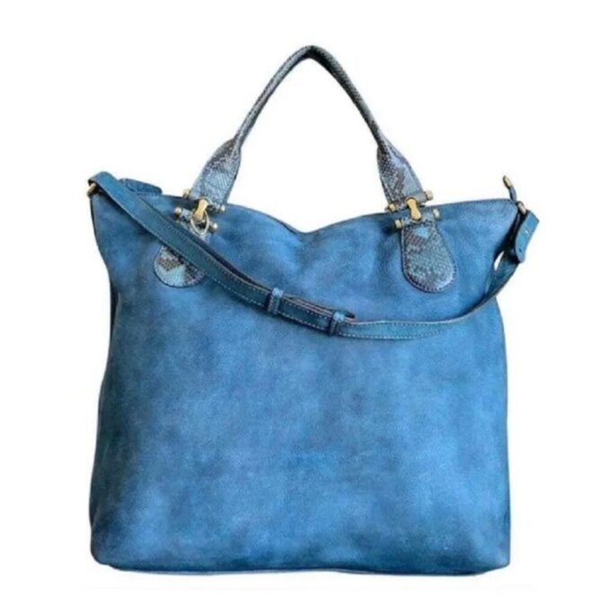 GUCCI Blue Nubuck Python Trim Large Two-Way Tote Bag PRISTINE