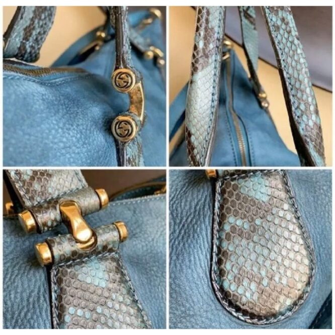 GUCCI Blue Nubuck Python Trim Large Two-Way Tote Bag PRISTINE