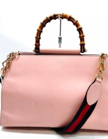 GUCCI Nappa Bamboo Web Large Nymphaea Top Handle Bag Perfect Pink Mystic White