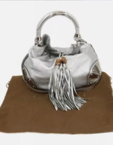 Rare! Gucci Bamboo Indy Tassel 2Way Hobo Crossbody Bag Silver Leather