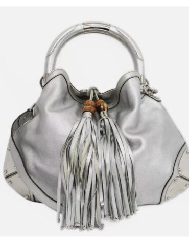 Rare! Gucci Bamboo Indy Tassel 2Way Hobo Crossbody Bag Silver Leather