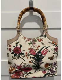 GUCCI Floral Bamboo Handle Multicolor Canvas Hand Bag Purse w Dust Bag PRISTINE