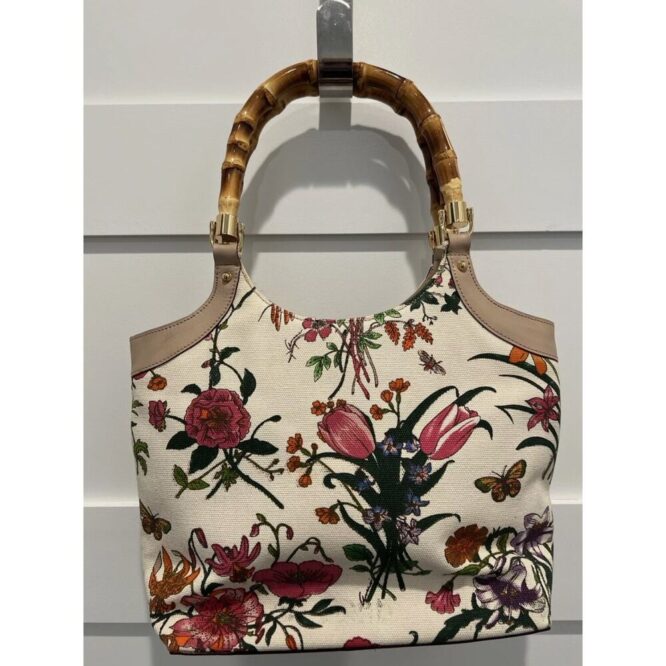 GUCCI Floral Bamboo Handle Multicolor Canvas Hand Bag Purse w Dust Bag PRISTINE