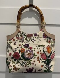GUCCI Floral Bamboo Handle Multicolor Canvas Hand Bag Purse w Dust Bag PRISTINE