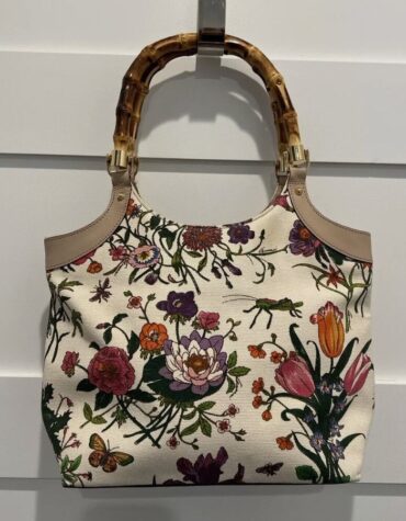 GUCCI Floral Bamboo Handle Multicolor Canvas Hand Bag Purse w Dust Bag PRISTINE