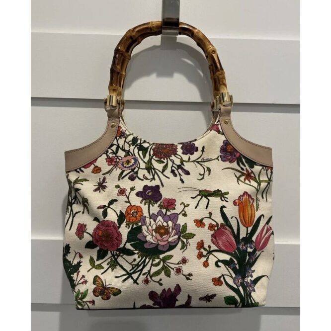 GUCCI Floral Bamboo Handle Multicolor Canvas Hand Bag Purse w Dust Bag PRISTINE